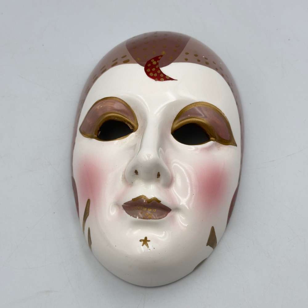 Vintage Ceramic Wall Mask Hand Painted Celestial Moon Star Mauve Gold 80s